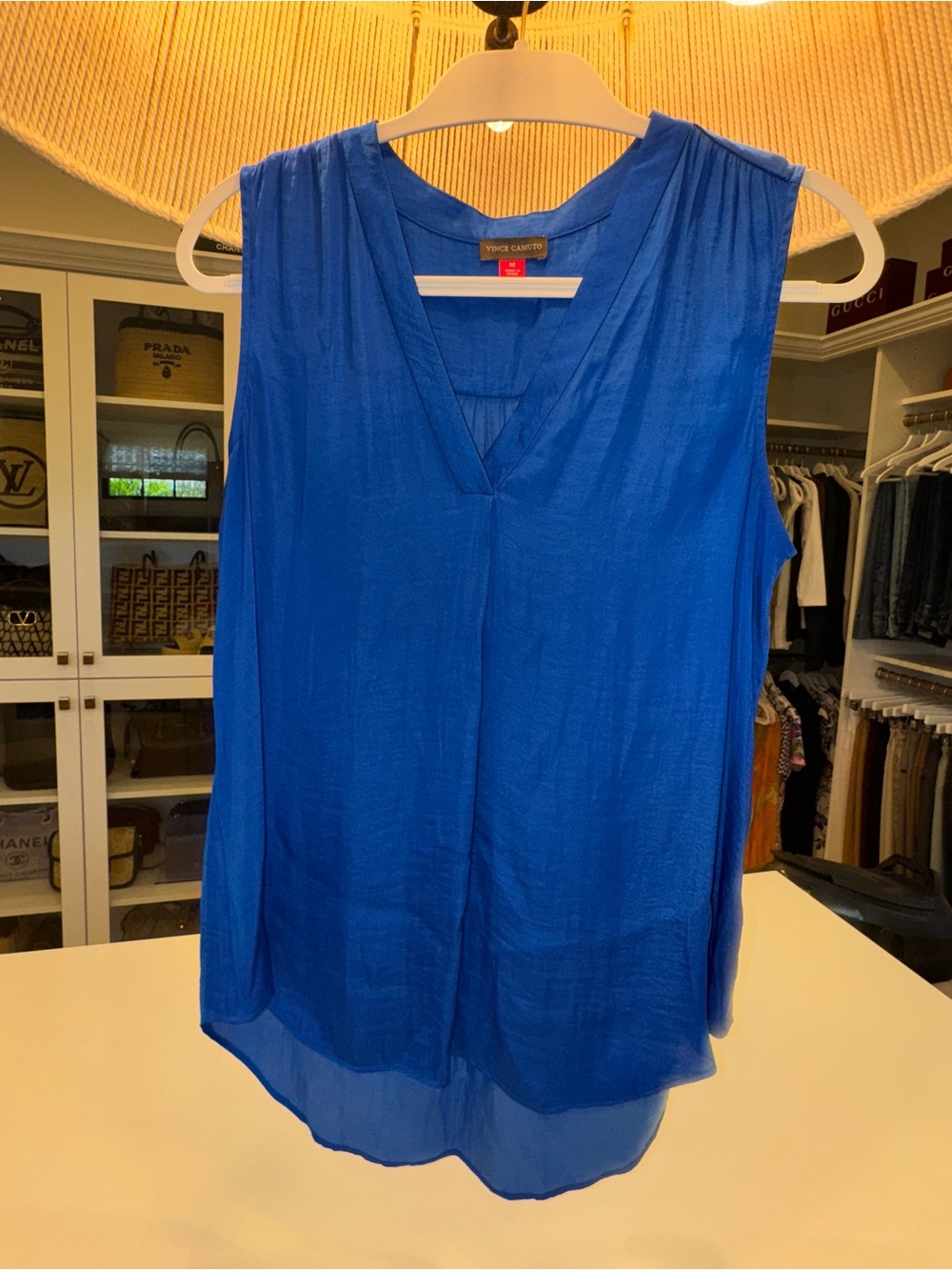 Vince Camuto Sleeveless V-Neck Satin Shell Top - Cobalt Blue - Picture 3 of 11